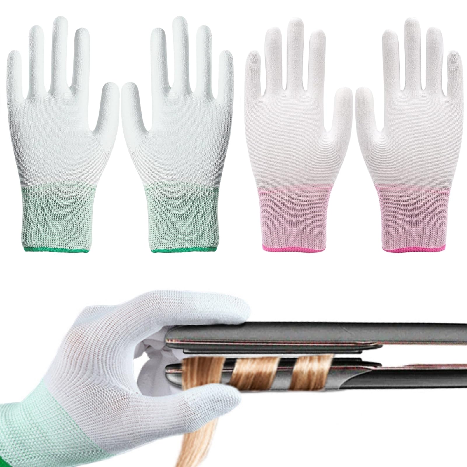 2 Pairs Heat Resistant Glove, Heat Proof Gloves with Silicone Fingers, Heat Protection Gloves for Hair Styling, Heat Blocking for Curling, Flat Iron and Curling Wand, Pink & Green (2 Pairs)