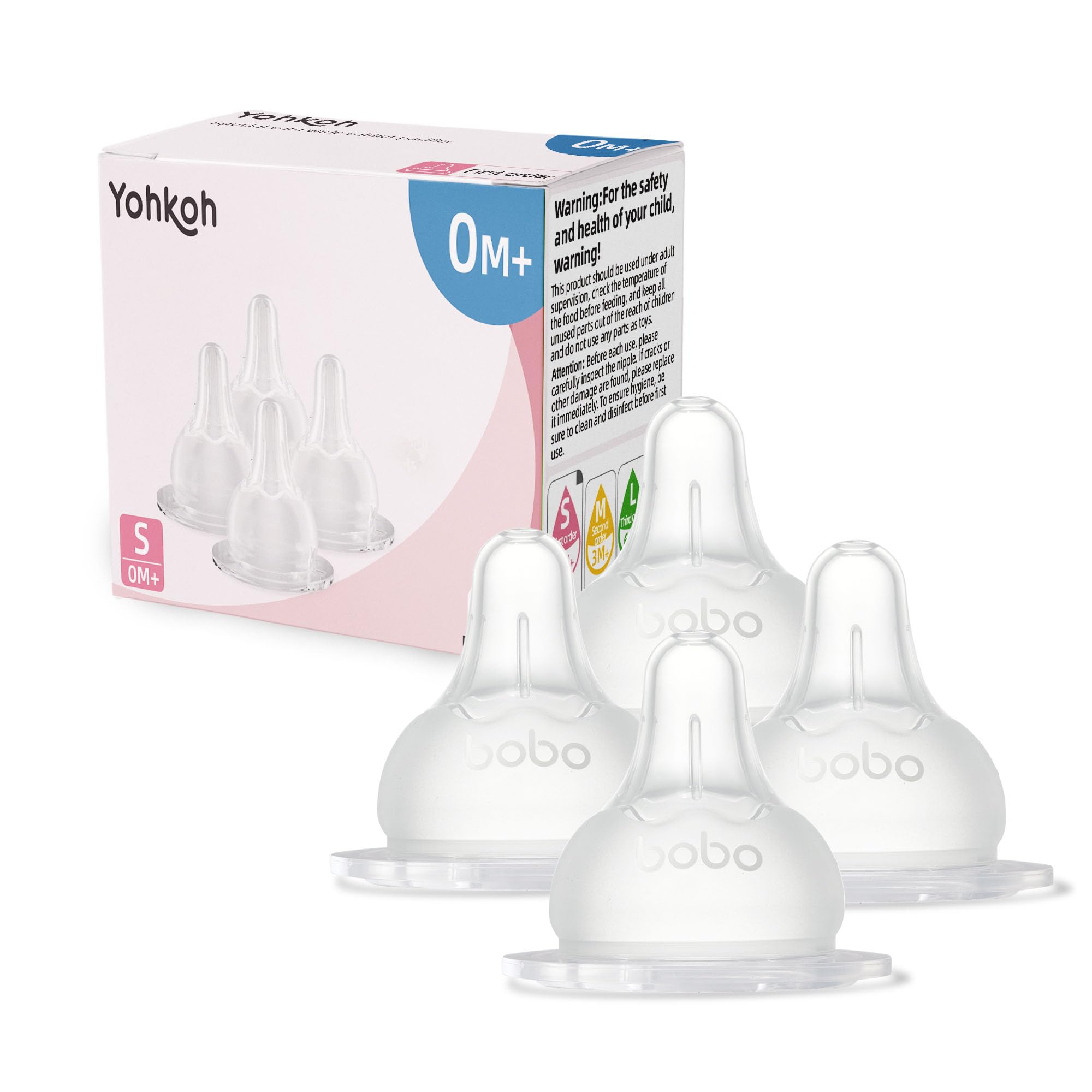 Photo 1 of YOHKOH Baby Bottle Nipples for Wide Neck Bottles, 100% Natural Feel Silicone Nipples, BPA-Free (0m+, S, 4 Counts)