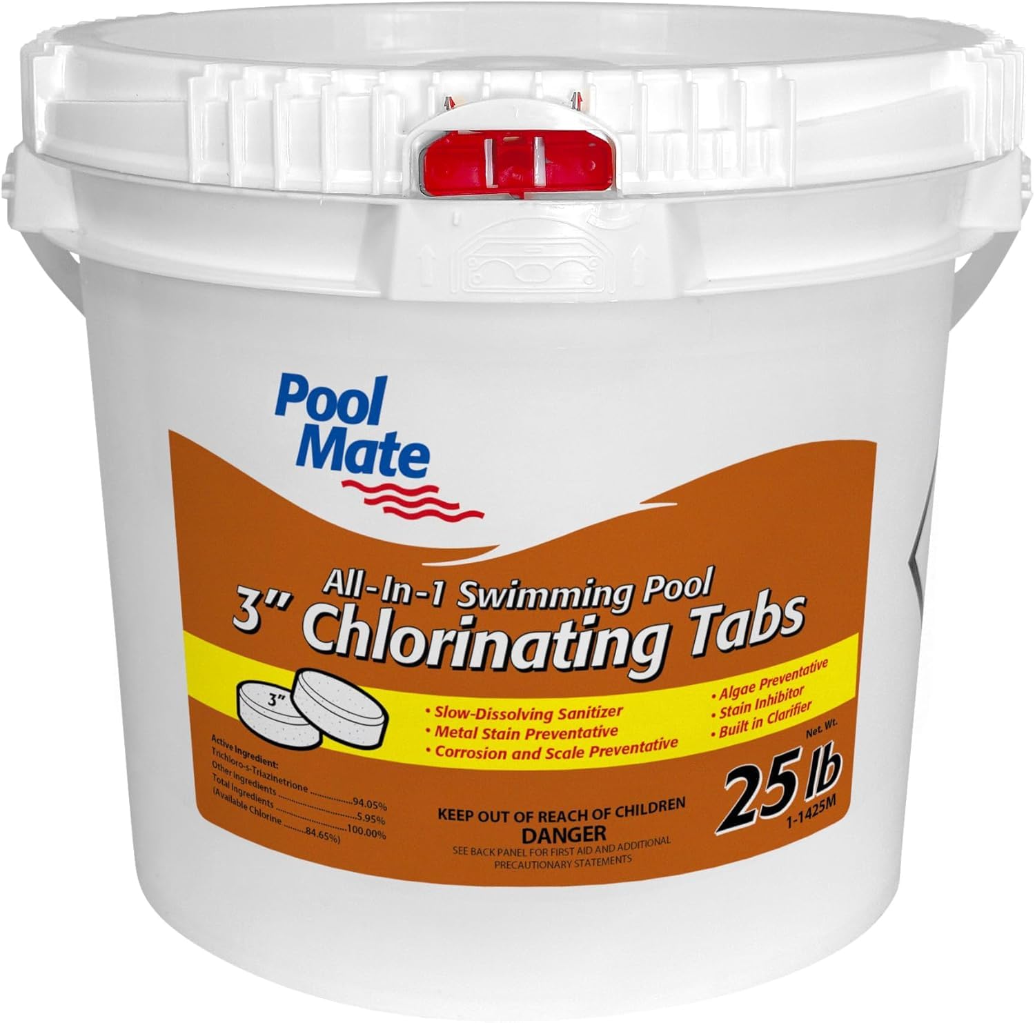 Pool Mate 25-Pounds All-In-1 Swimming Pool 3 Inch Chlorinating Tabs, Chlorine Tablets 3 Inch, Sanitizer, Clarifier, Stain Inhibitor, Algae Control, Descaler, Sunlight Protector all in one, Made in USA Image