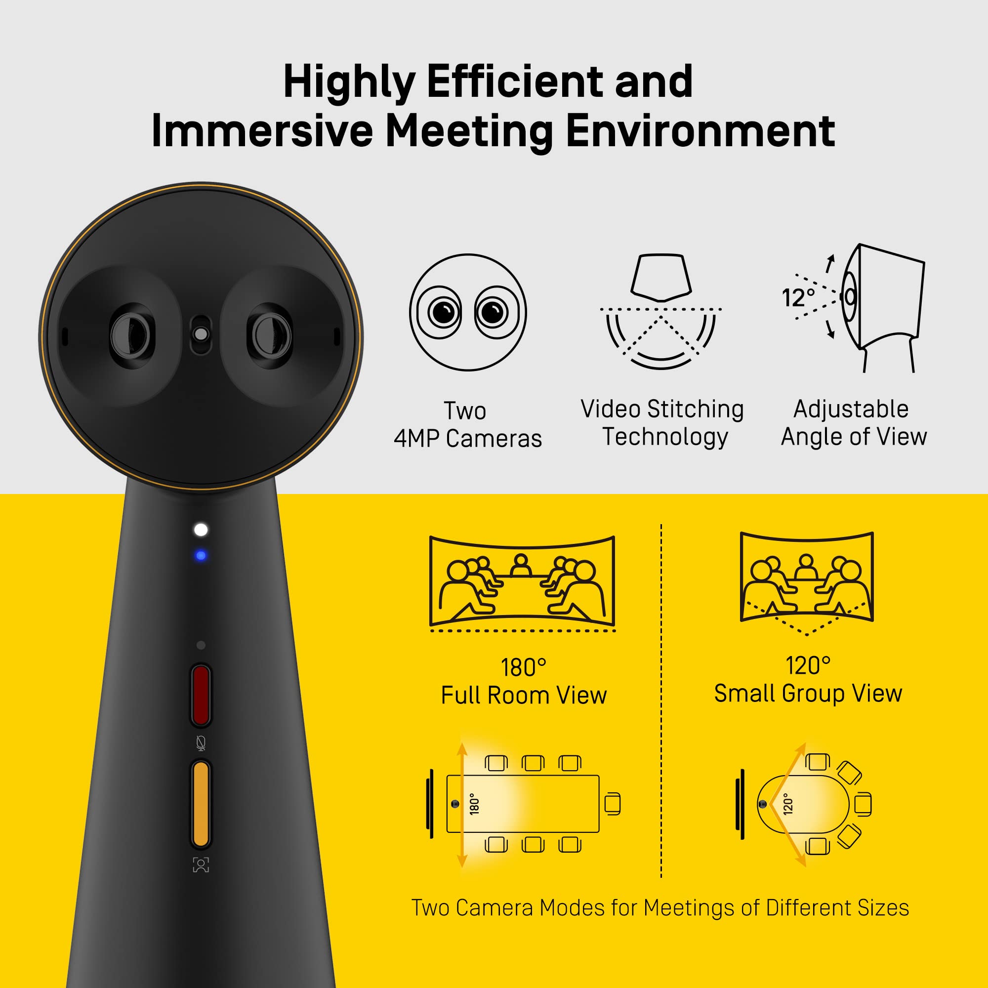 IPEVO Totem 180 4K Panoramic Video Conference Camera w/ 180° & 120° View, Premium Webcam, Full Room Coverage, AI Auto Framing, Noise Reduction Mics, Plug-and-Play USB-C, Remote Hybrid Learning