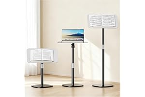AKIMRABY Floor Book Stand for Reading, Floor-Standing Book Holder with Page Clip, Adjustable Height 26.4"-56.3", Portable Podium Stand with Rotating Panel for Books Sheet Music Bible Projector