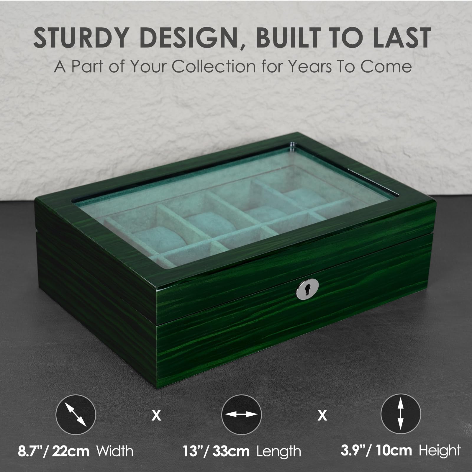 Watch Box for Men 10 Watches Storage Organizer Case, Smart Watch Display, Green Wood with Soft Suede Interior, Large Glass Window, Gift for Women and Man (10W-GR)