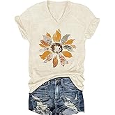 Women's T-Shirts V-Neck Boho Flowers Wildflowers Graphic Tees Shirts Cute Casual Summer Tops Short Sleeve T Shirt