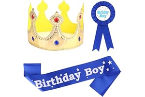 Aster Birthday Boy Costume Headwear, Crown, Sash and Button Pin - Dress-Up Set for Boys Birthday Party Decoration