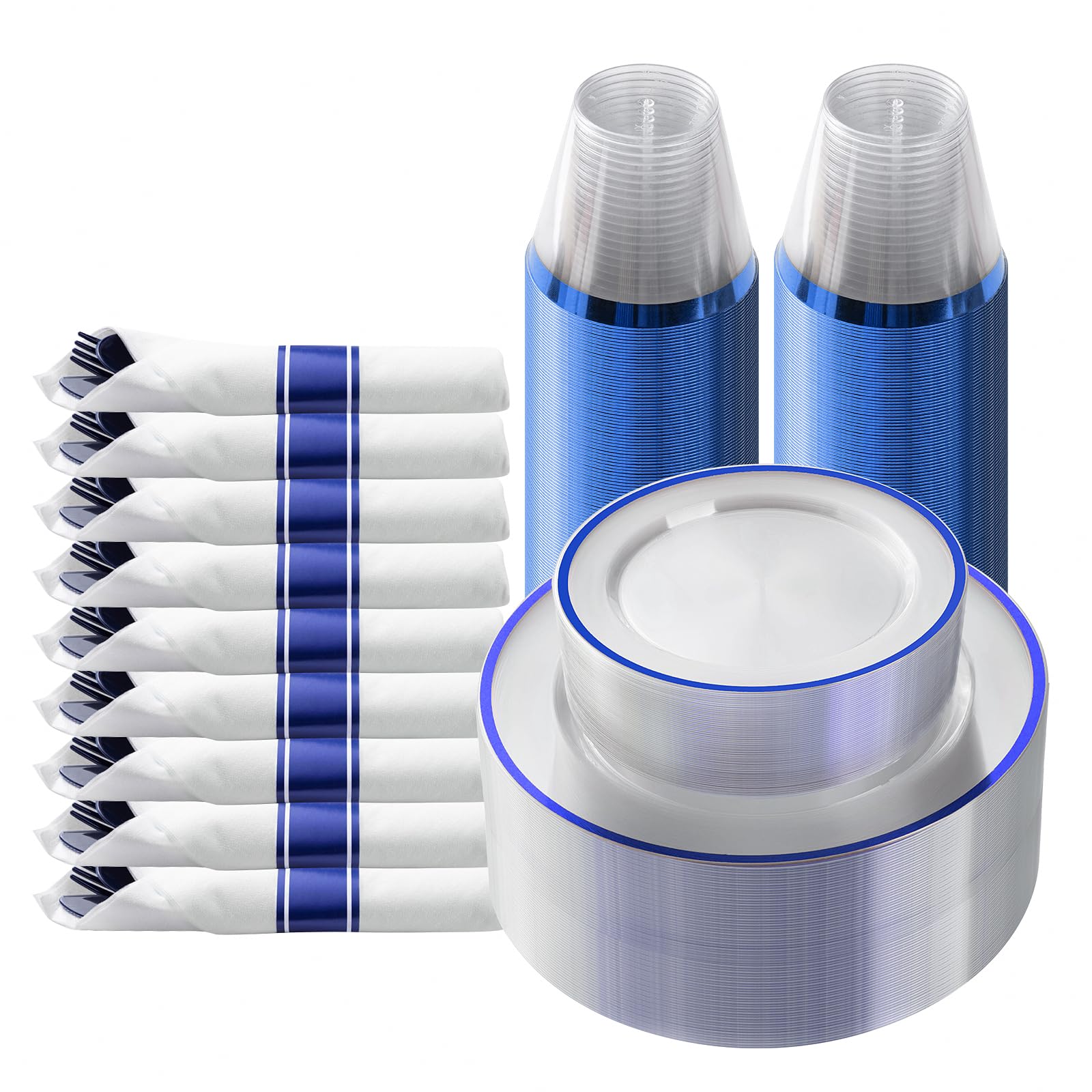 Photo 1 of Goodluck 175 Piece Dark Blue Plastic Dinnerware Set for Party, Clear Disposable Plates for 25 Guests, Include: 25 Dinner Plates, 25 Dessert Plates, 25 Pre Rolled Napkins with Cutlery Set, 25 Cups