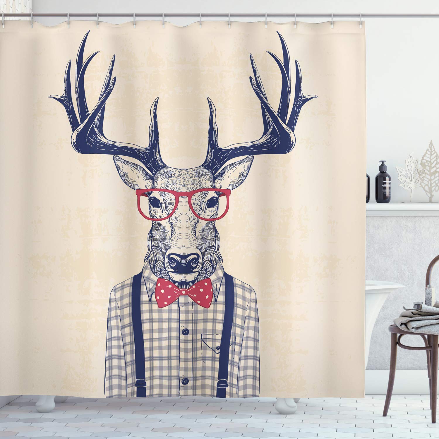 ABAKUHAUS Hipster Shower Curtain, Humorous Portrait of Deer with Jazz Polka Dotted Bow and Shirt, Cloth Fabric Bathroom Decor Set with Hooks, 94 Inches, Indigo Dark Coral