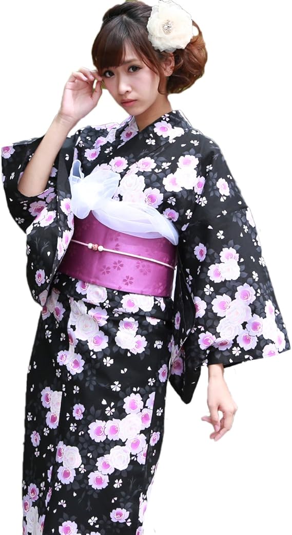 Amazon 浴衣 女 セット 黒地に紫薔薇 なでしこ ときめき 恋浴衣3点セット 浴衣 通販