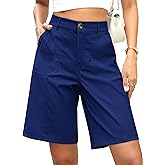 ELLEVEN Bermuda Shorts for Women Elastic Waist Dressy High-Waisted Knee-Length Summer Casual Shorts with Pockets
