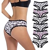 Solblo Women's Gothic Lace Hipster Panties 5~6Pack:Skull Rose Halloween Print,Pink Low Rise Bikini Soft Comfy Sexy Underwear