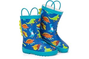 FUNCOO PLUS Toddler Rain Boots Kids Waterproof Rubber Boots for Boys and Girls with Handles in Fun Pattern