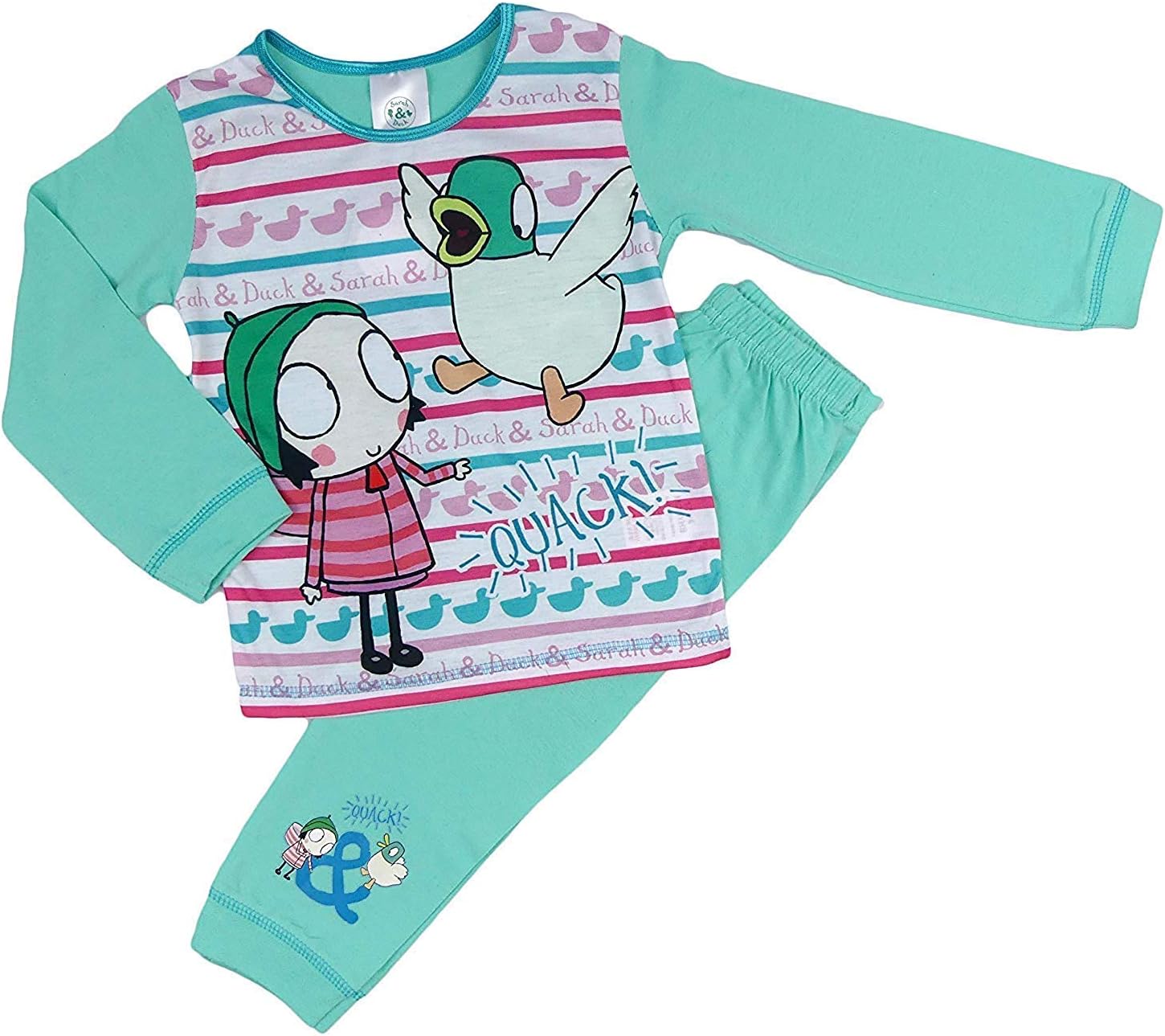 Toddler Girls Sarah and Duck Pyjama Set Sleeping Ducks 18-24M to 4-5Y … (2-3 Years, Aqua and Pink with Striped Bottoms)