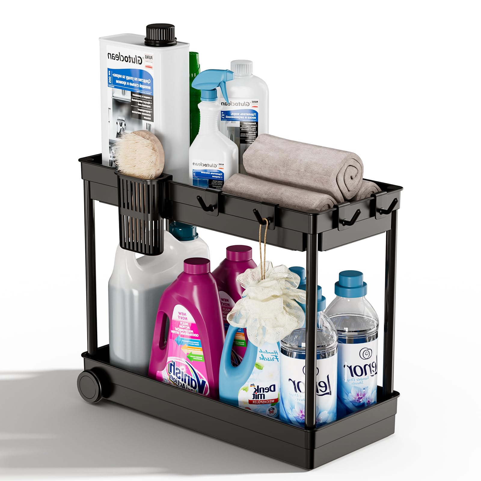 Waretary Under Sink Storage Kitchen Organiser, 2 Tier Slide Out Under Storage Box, Multi-Purpose Sink Cabinet Basket Organiser with 4 Hooks 1 Hanging Cup for Bathroom Kitchen(Black)