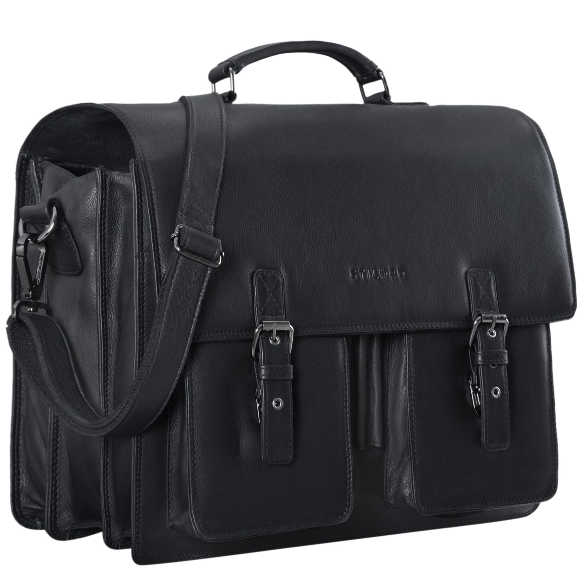 STILORD "Anton" Genuine Leather Briefcase XL - 15.6' Laptop Compartment - Attachable - Enhanced Version Colour:Black