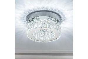 HOMLAITING 7.8” Crystal Ceiling Light Fixture, Mini Round Chandeliers 6500K Cool White Modern Flush Mount Ceiling Light, LED Small Chandelier for Hallway Bedroom Foyer Kitchen Bathroom