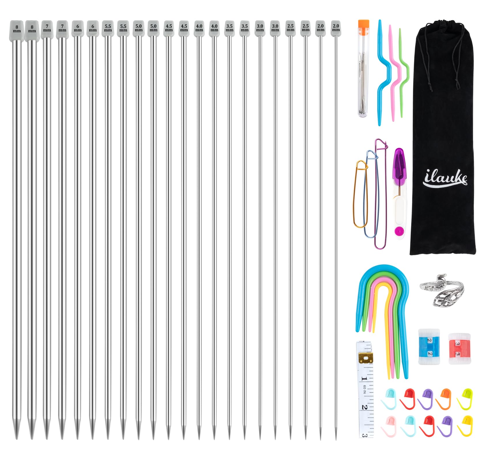 ilauke 56Pcs Knitting Needles Set, 35cm 11 Pairs Straight Single Pointed Stainless Steel Sweater Needles Set 2mm-8mm, Locking Stitch Makers, Large-Eye Blunt Needles, Measure Tape