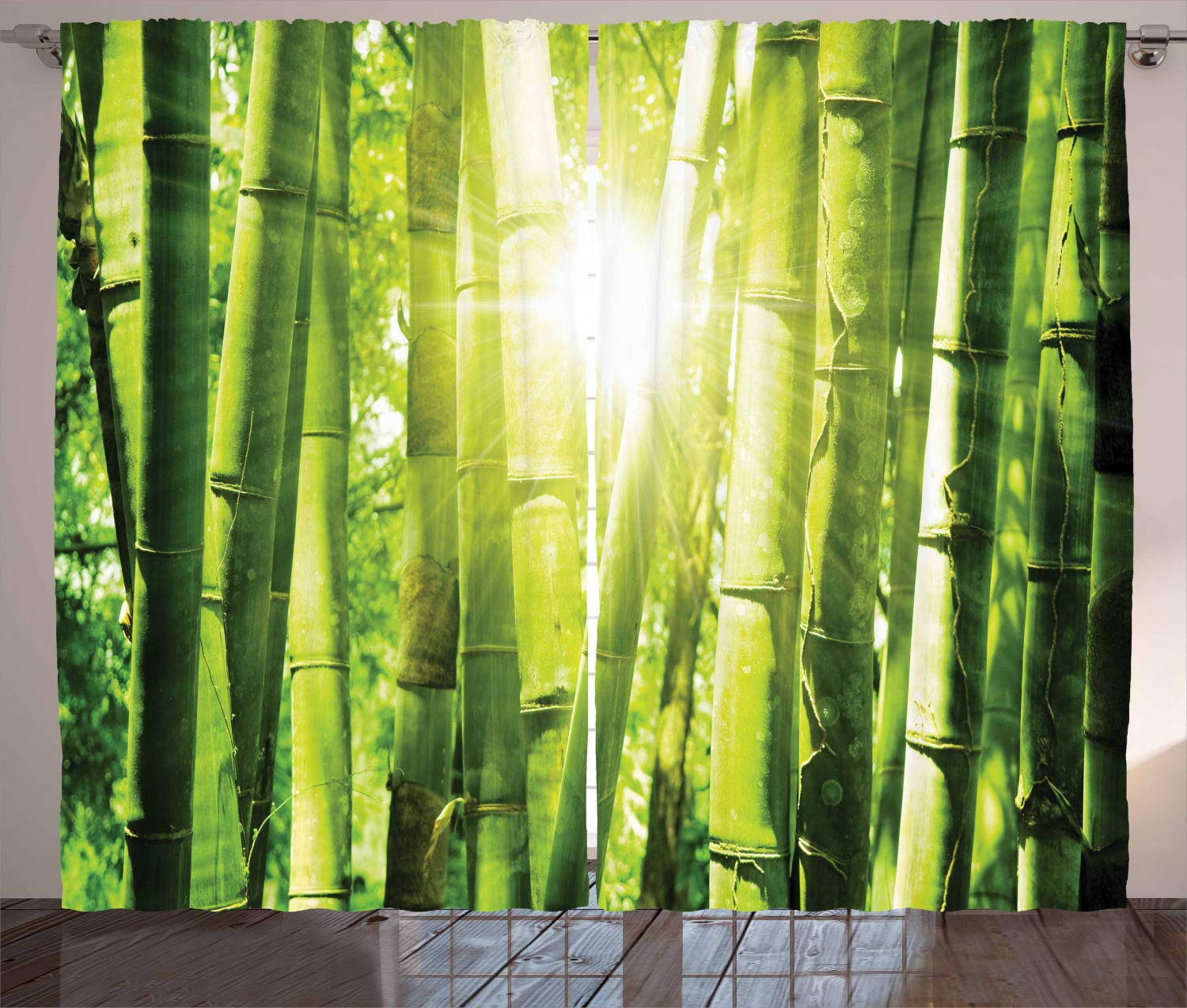 ABAKUHAUS Asian Curtains, Bamboo Forest with Morning Sunlight Sun Beams Through Trees Jungle Scene, Living Room Bedroom Window Drapes 2 Panel Set, 280 x 245 cm, Lime green yellow