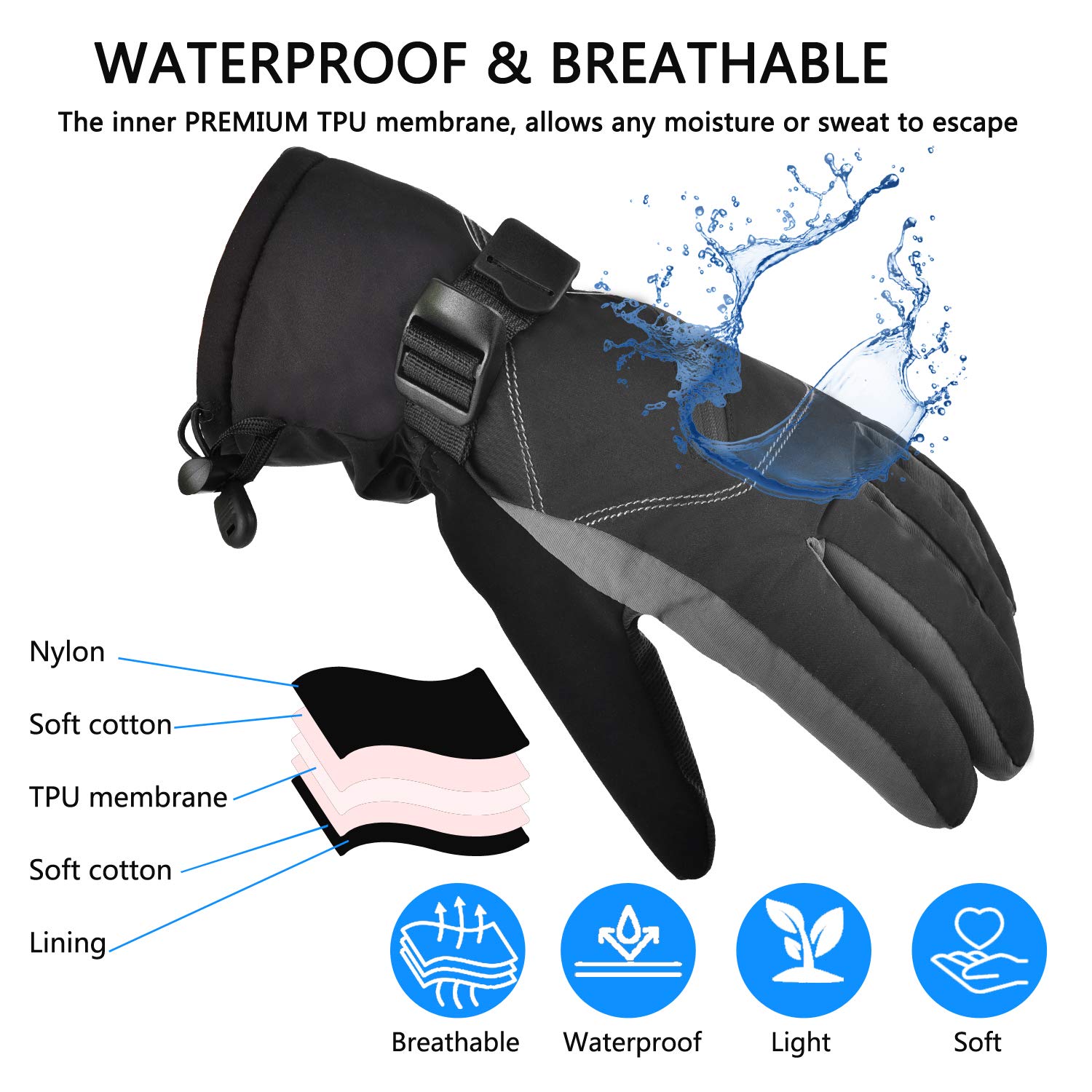 Gants Ski,Gants Hiver Chaud Homme et Femmes,-20℃ Isolation à Froid,Étanches Anti-dérapant et Coupe-Vent,Gants Sports d\'hiver en Plein Air pour Ski,Snowboard,Moto,Cyclisme