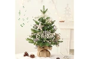 BSTDECOR Mini Christmas Tree, Tabletop Small Christmas Tree Green Prelit Christmas Tree with Music Artificial Xmas Tree with Xmas Ornaments Christmas Decorations Indoor Outdoor for Home Party