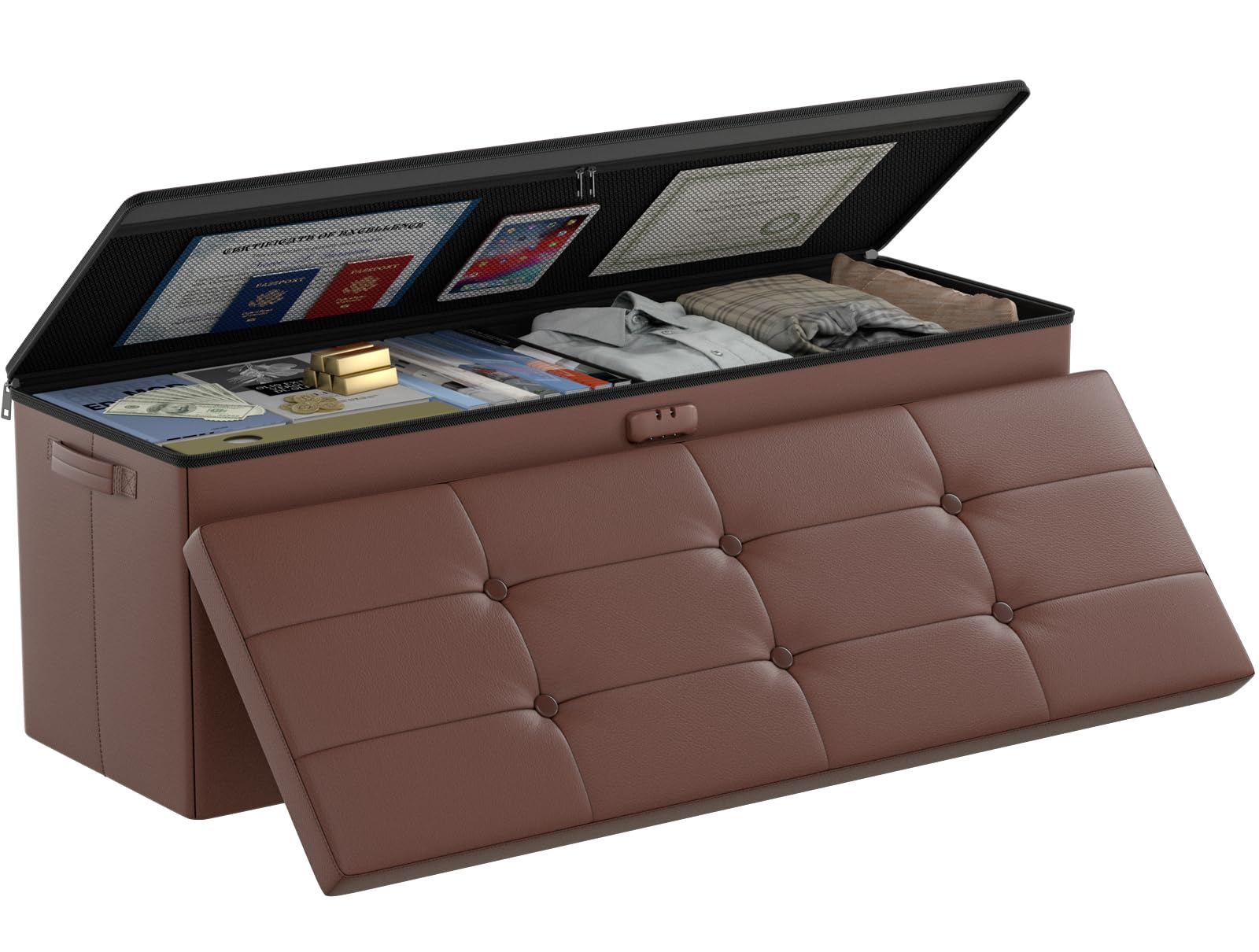 DocSafe Storage Ottoman Bench,Fireproof＆Waterproof Folding Bench with Lock(15”x 43”x15”),Leather Storage Chest with Handles＆2 Extra Boxes,Ottoman Safe for Bedroom,Living Room,Home Office,Brown