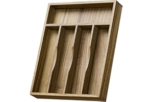 Kiasthome Acacia Wood Silverware Drawer Organizer, Kitchen Utensil Cutlery Drawer Organizer with Grooved Dividers, Flatware O
