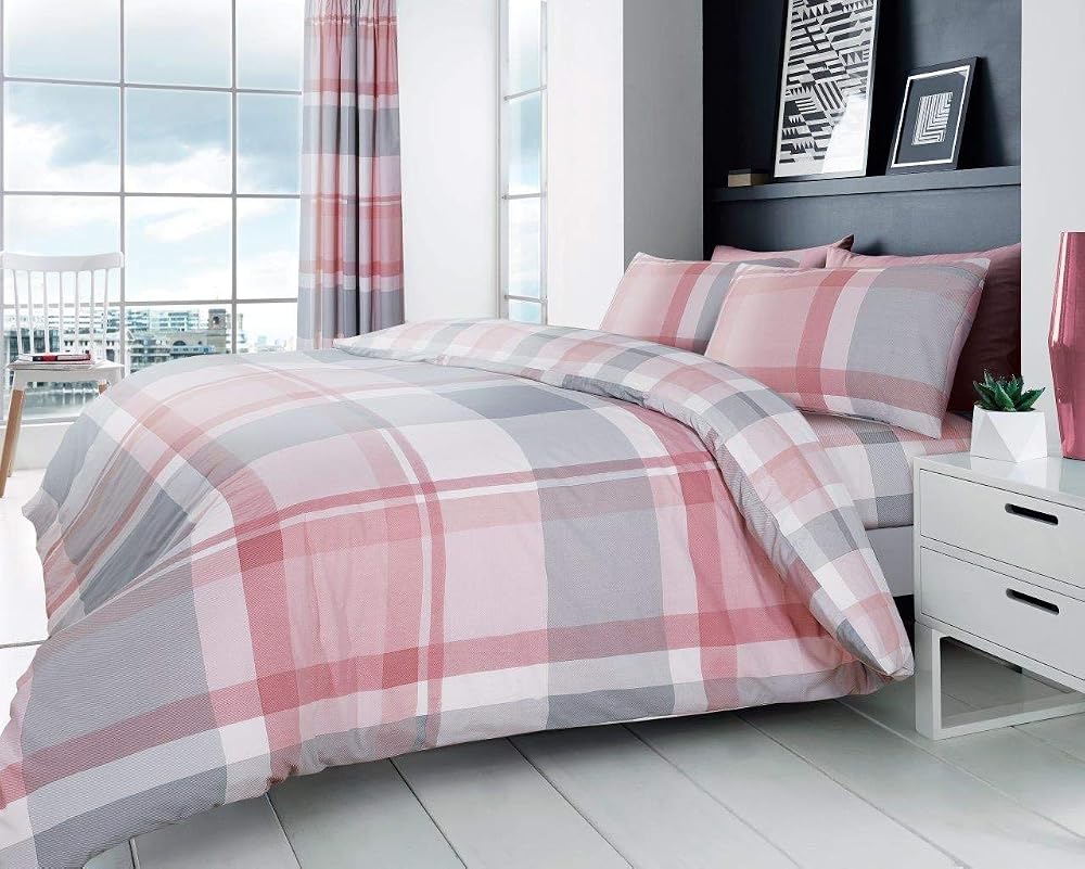 Gaveno Cavailia Easy Care Check Style Duvet Cover Set King Blush Pink