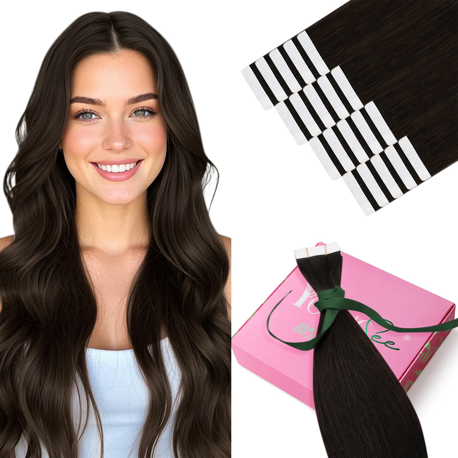 YoungSee Brown Tape in Extensions Human Hair Darkest Brown Soft Tape ins Human Hair for School Tapes Hair Extensions Silky Straight 18 Inch 20pcs 50g — image 1