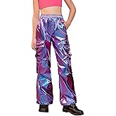 Jxstar Girls Metallic Cargo Pants​​ ​​Stretchy High Waist Hip Hop Dance Pants Shiny Jazz Street Joggers​​​​ for Kids