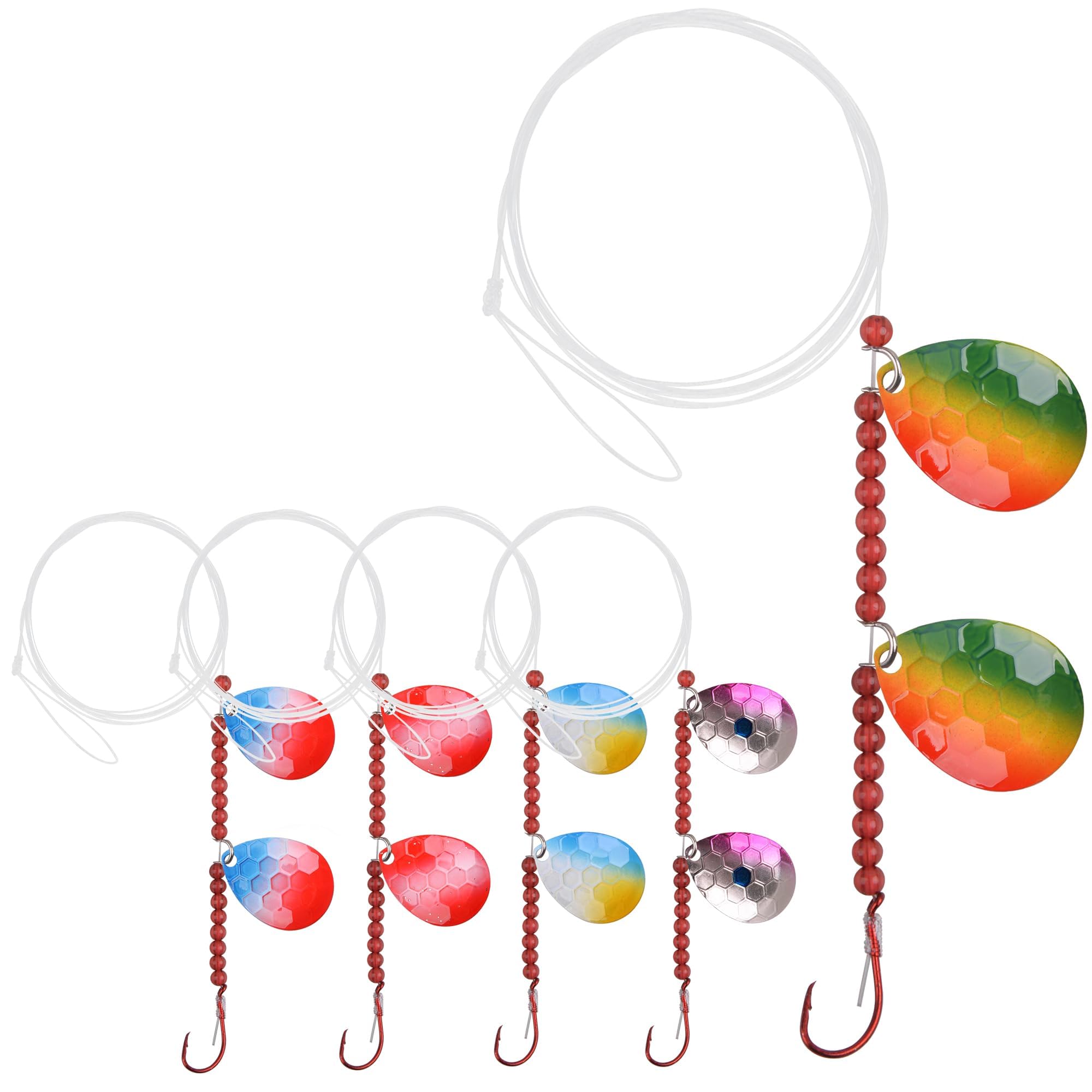 Walleye Spinner Rigs Kit, 5pcs Pre-tie Fishing Bait Rigs Spinner Sequins Rig Fishing Hook Sea Fishing Rigs Rotation Spoon Sequins Flapper Rig Lure Making for Freshwater Saltwater Fishing