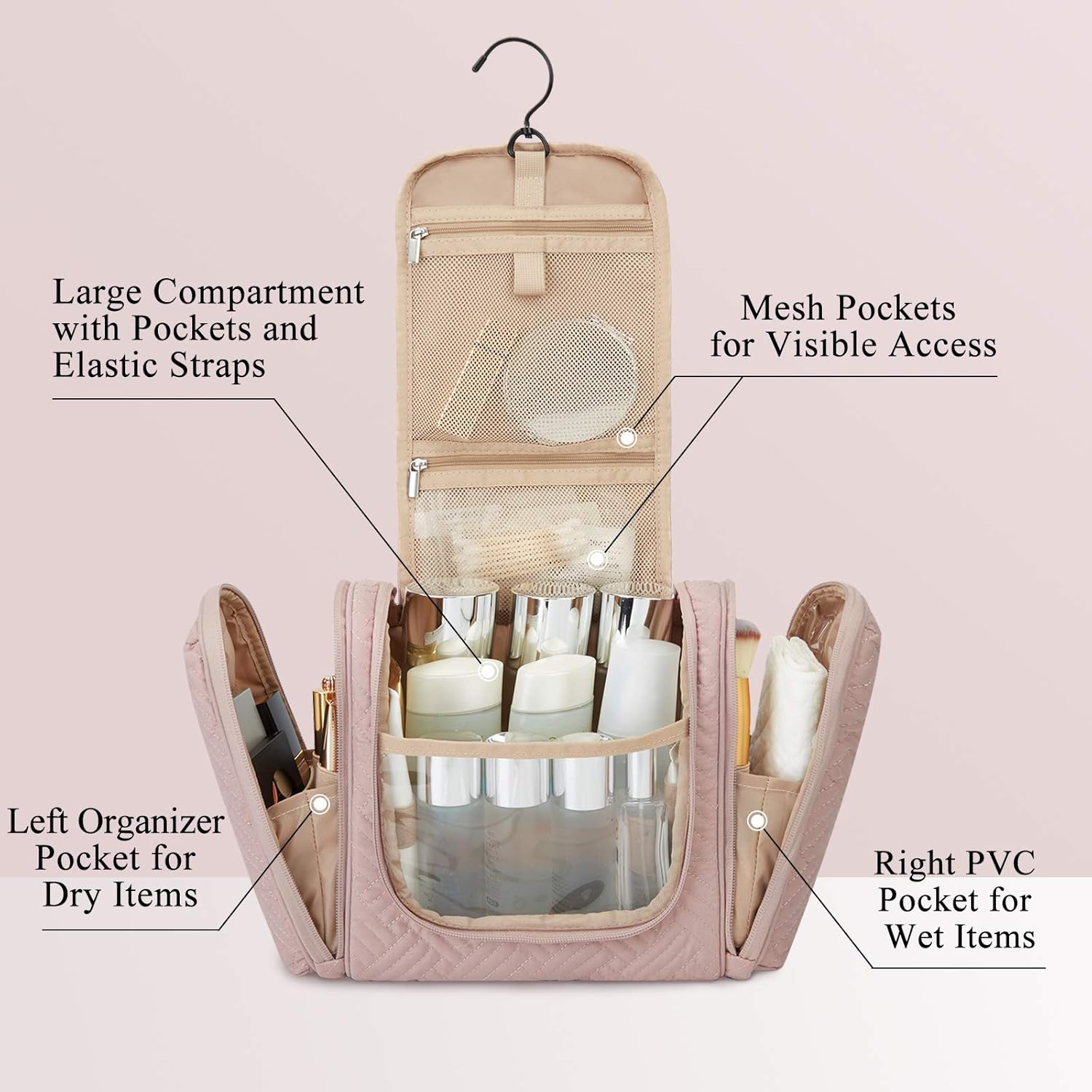 Toiletry Bag, BAGSMART Travel Toiletry Organizer with hanging hook, Water-resistant Cosmetic Makeup Bag Travel Organizer for Shampoo, Full Sized Container, Toiletries, Pink