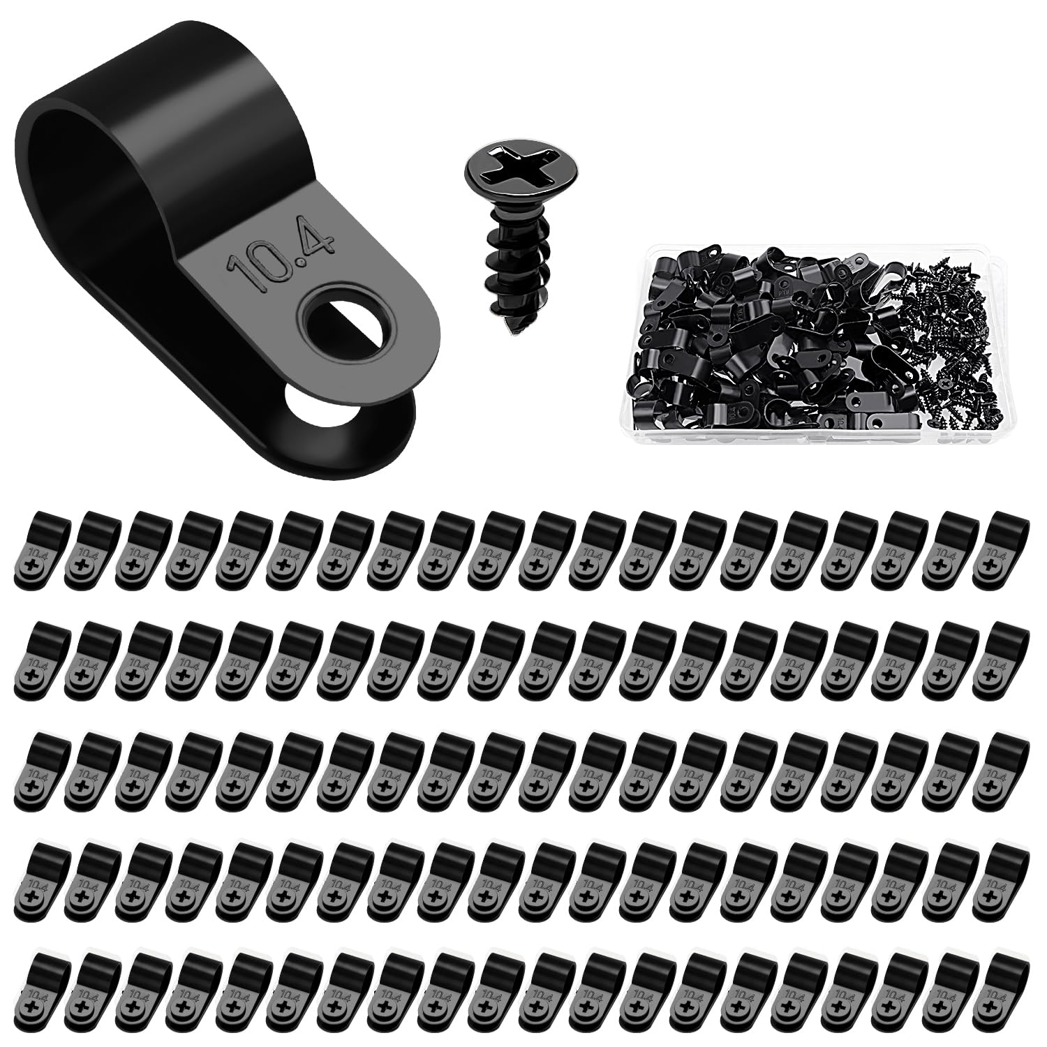 VooGenzek 100 PCS 3/8 Inch R-Type Cable Clip Wire Clamp, Nylon Screw Mounting Cord Fastener Clips with 100 PCS Screws, for Wire Management (Black)