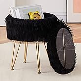 Mxfurhawa Faux Fur Storage Ottoman Round Furry Vanity Stool Marble Grain Tray Coffee Table Compact Footrest Stool with 4 Metal Legs Soft Makeup Seat Foot Stools for Living Room Bedroom Entryway Black
