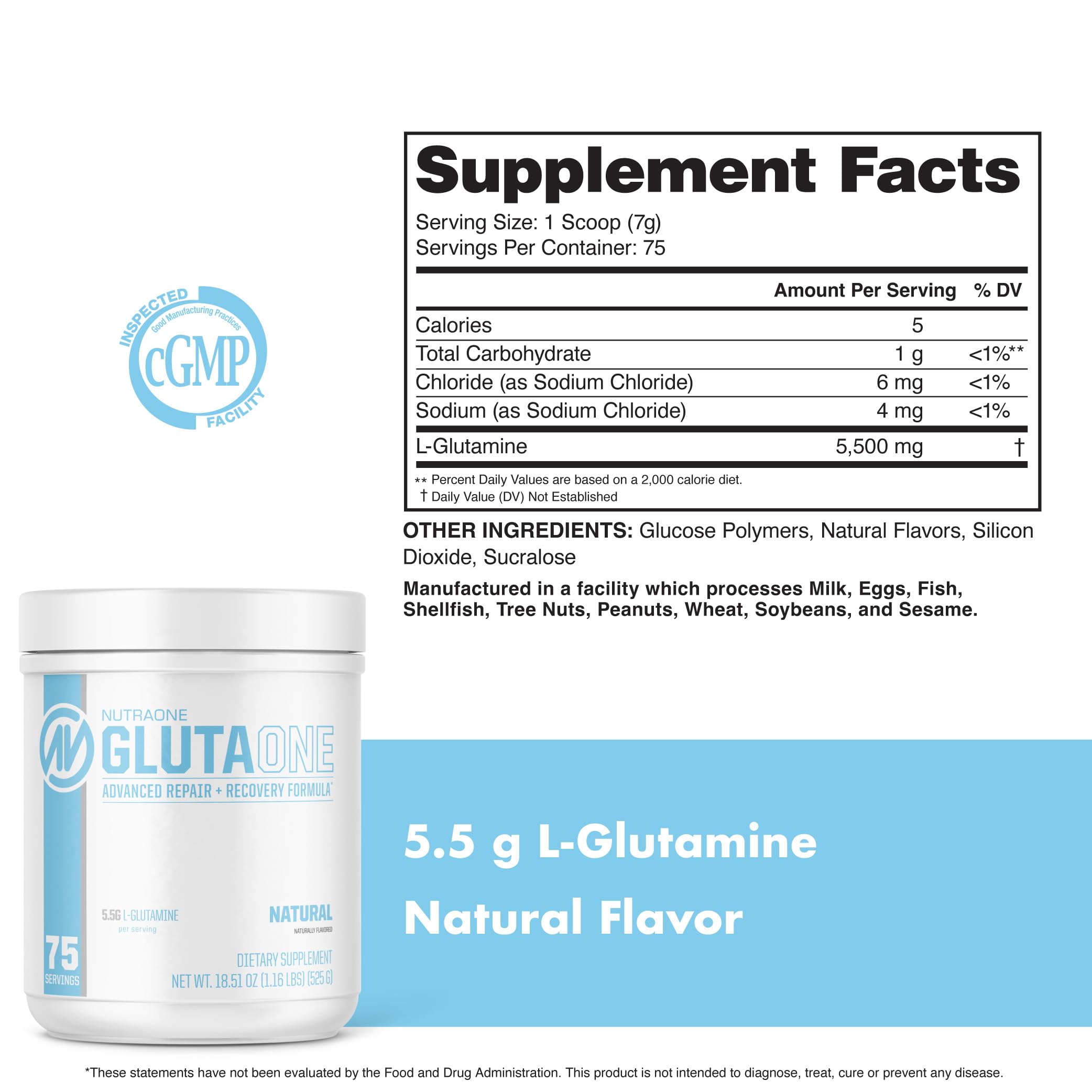 NutraOne GlutaOne L-Glutamine Powder Post Workout Recovery Supplement (75 Servings)