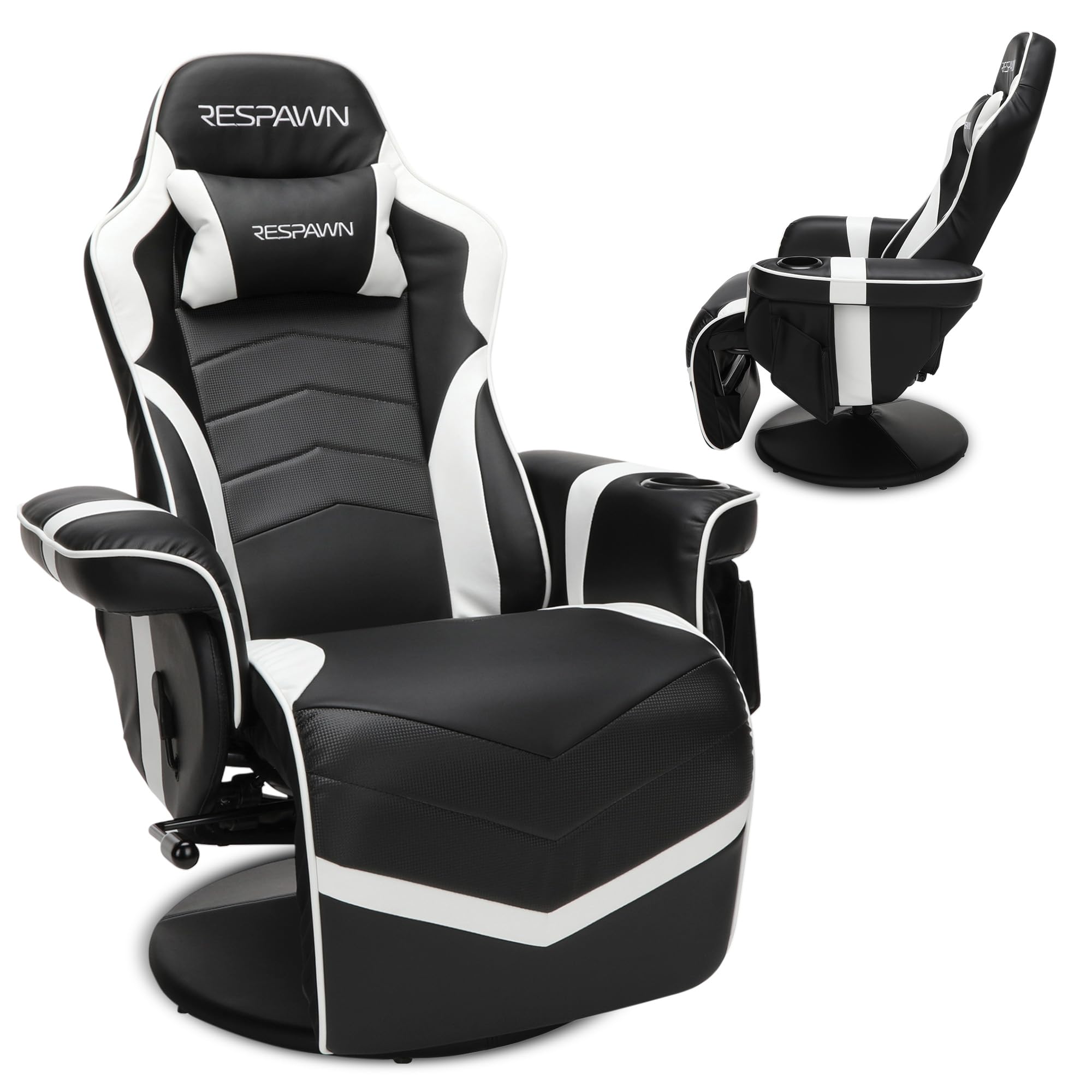 RESPAWN 900 Consola reclinable para juegos con reposapiés y soporte lumbar - Cómoda silla ergonómica para juegos con reposacabezas, sin ruedas, reclinable, resistente, sillas de videojuegos estilo carrera - Blanco