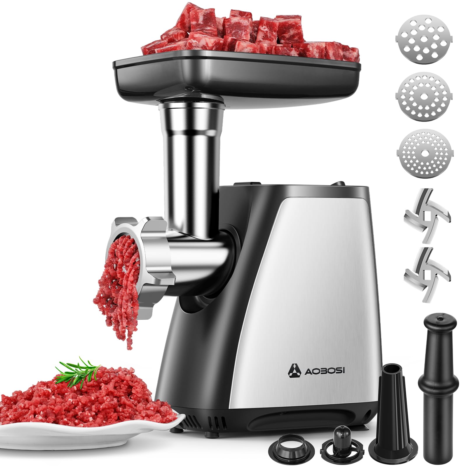 AAOBOSI Meat Grinder, 3-In-1 Meat Grinder Electric [2800W Max] with 2 Blades,3 Plates,Sausage Stuffer,Kubbe Kit for Home Kitchen Use, Stainless Steel Image