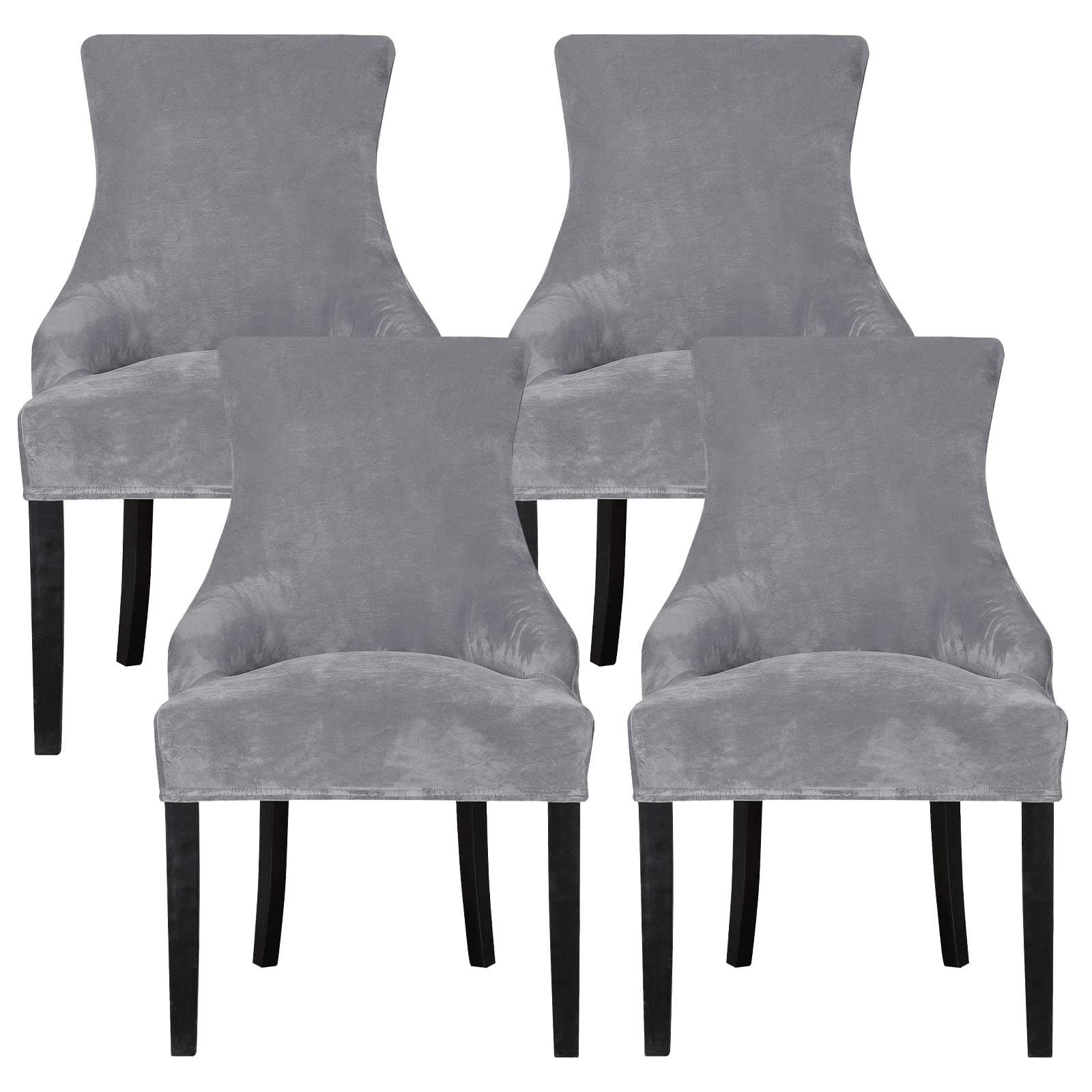 Leorate 4 Pcs Velvet Dining Chair Covers, Stretch Wingback Chair Slipcovers for Armchairs with Curved Back, Removable & Washable Chair Covers for Dining Room Kitchen, Light Gray