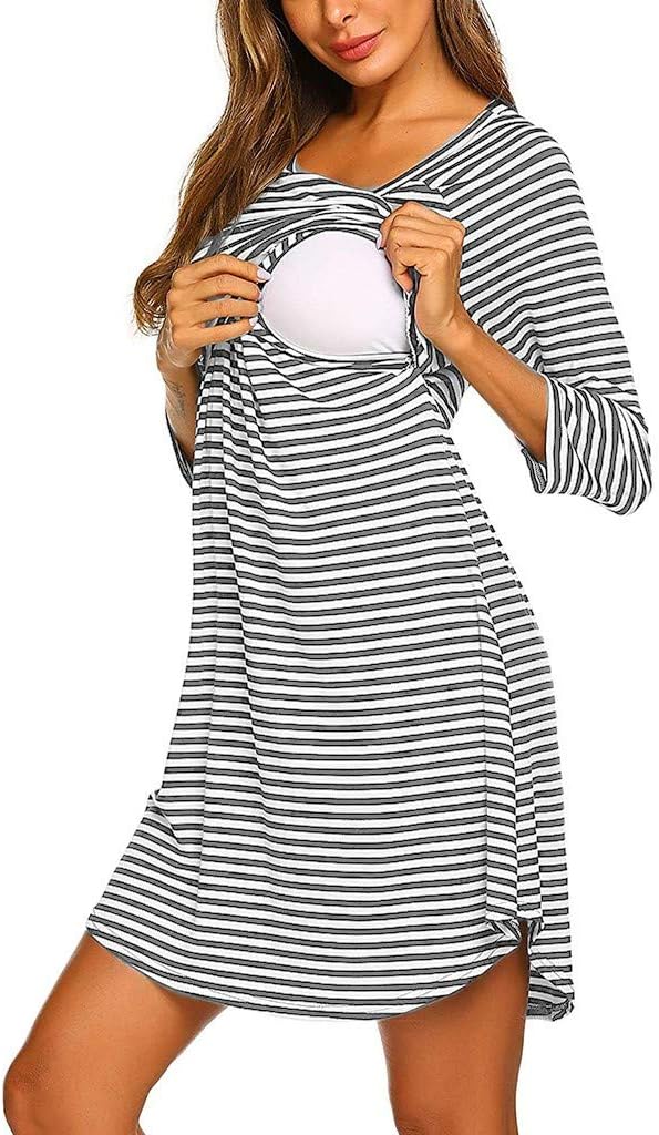Mumustar Women's Maternity Dress Nursing Breastfeeding Hospital Bag Nightdress Shirt Striped Sleepwear Pyjamas Nightgown