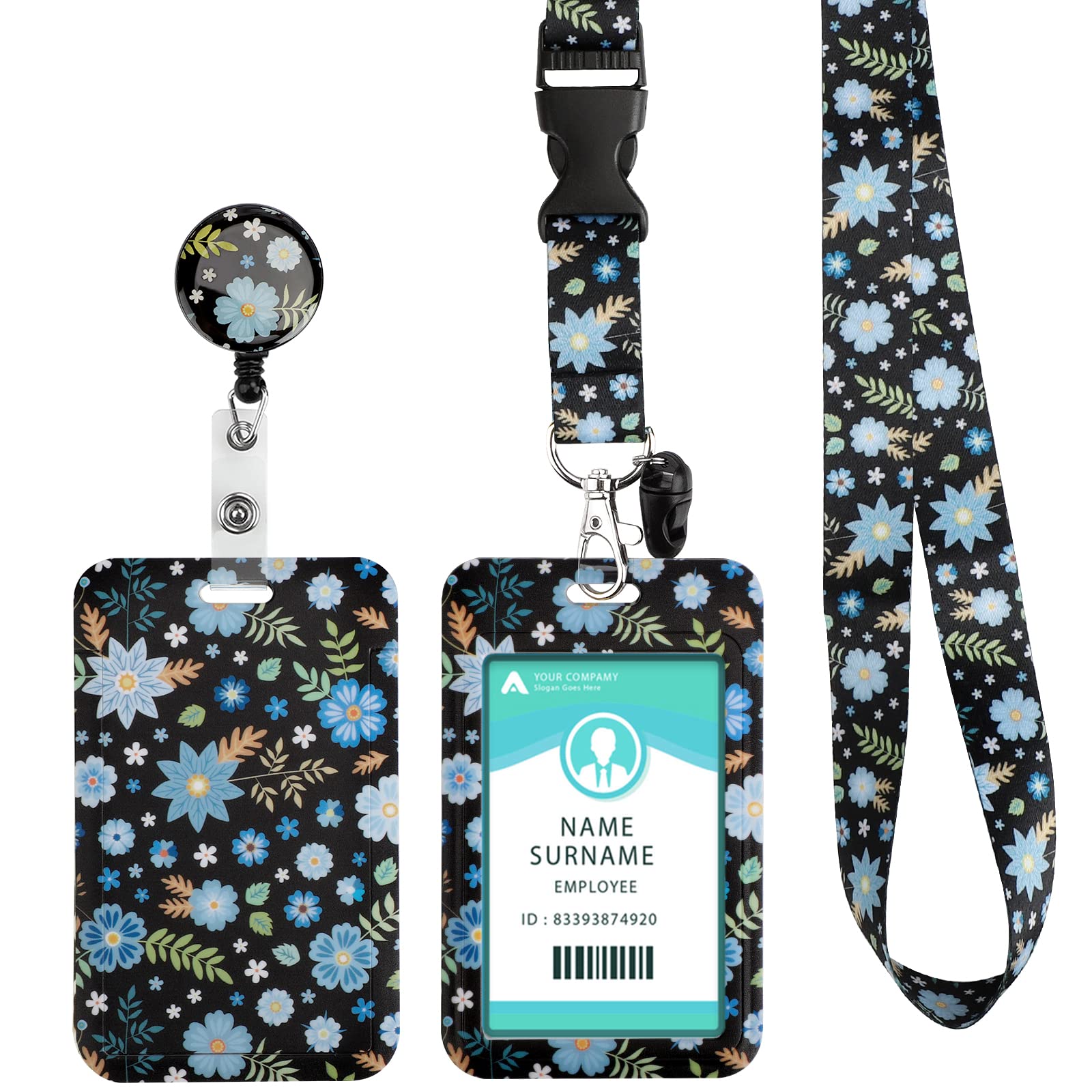 Lanyard with Card Holder, Adjustable Retractable Lanyards ID Badge Holder, for ID Card, Office, School(Blue Flower) — image 1