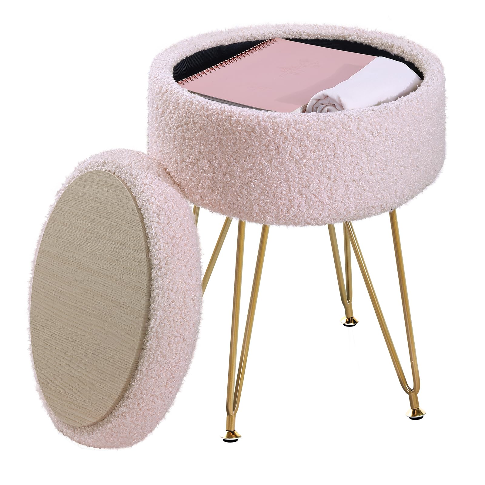 Photo 1 of ABHENG Storage Ottoman Round Footrest Stool, Vanity Stool Chair Faux Teddy Fur with Storage, Pouf Couch Stool, Dressing Table Seat, Modern Multifunctional Chairs, 12.6"x12.6"x17.4" Jelly Pink UASND51P