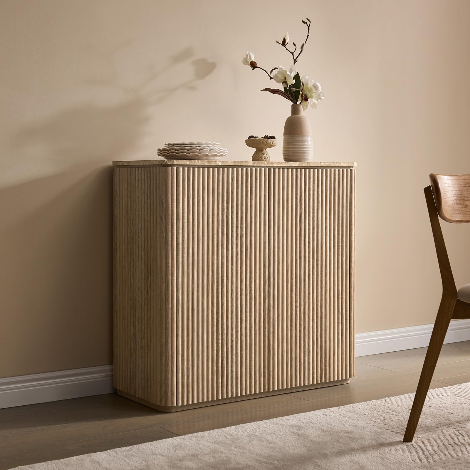 Photo 1 of Fluted 2 Doors Sideboard Cabinet with Storage, 34" Wooden Credenza with Shelves, Faux Marble-Top Coffee Bar Console Table, Modern Buffet Cabinet for Dining, Kitchen, Living Room, Entryway, Natural Oak