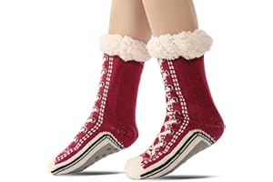 Slipper Socks with Grips for Women Warm Thick Winter Stockings for Women Non-Slip Thermal Cozy Claret Fluffy Socks