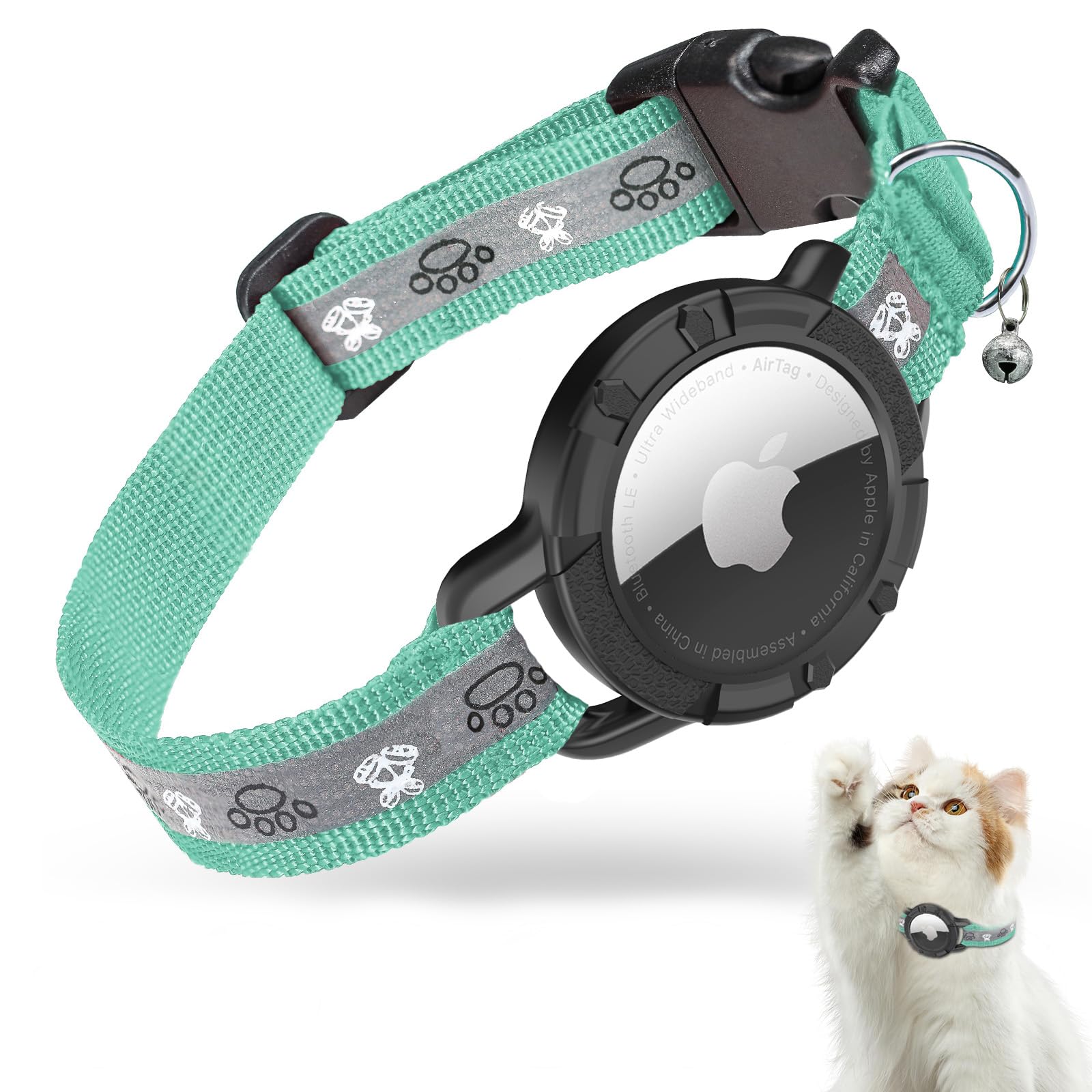 Reflective Airtag Cat Collar, JIARUI Integrated Apple Airtag Cat Collar, GPS Cat Tracker Collar with Airtag Holder and Bell, Lightweight Cat Tracker Collar for Kittens and Puppies (Green, S(9"-13"))