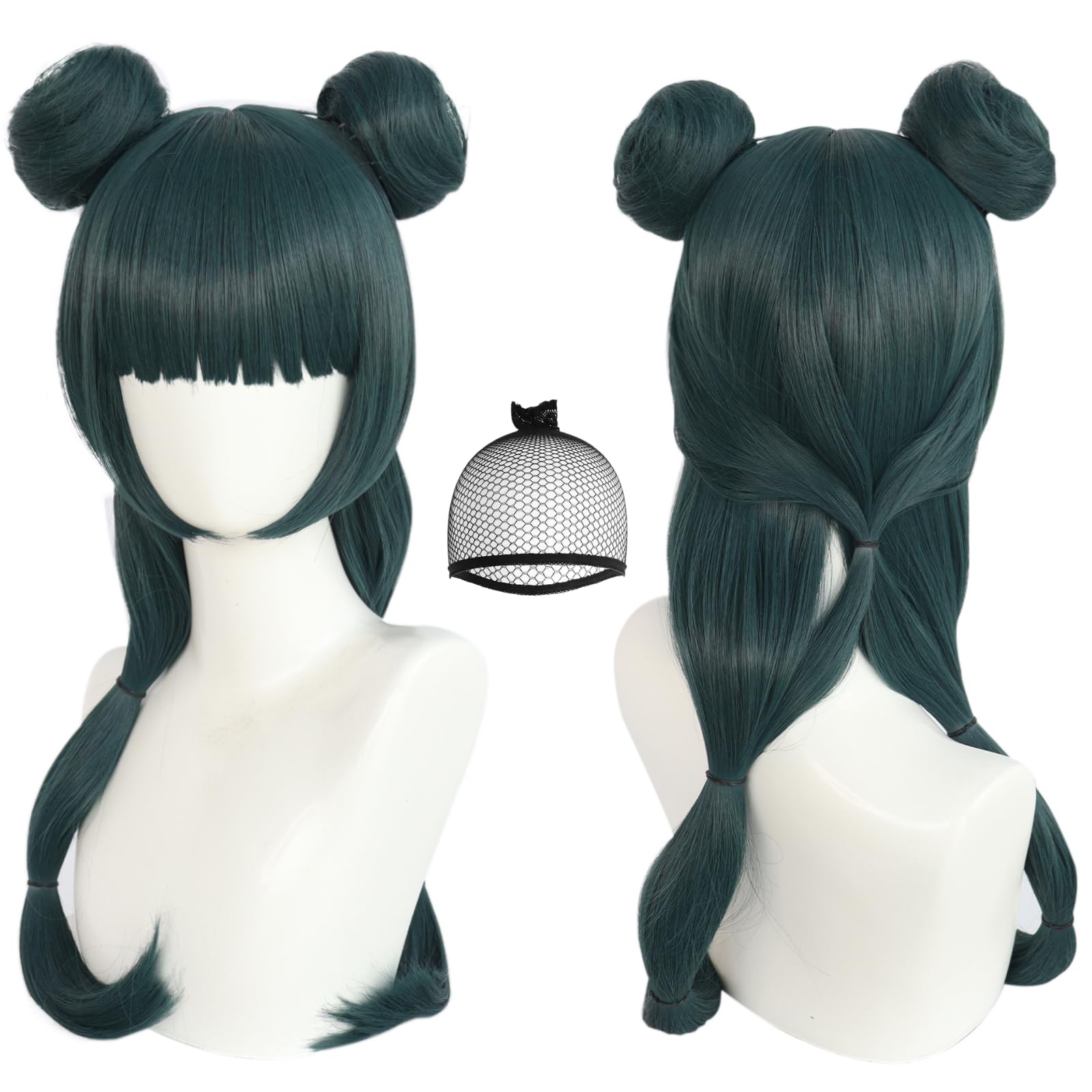 Photo 1 of ANOGOL Hair Cap+Maomao Wig with Double Buns for Women Maomao Cosplay Wigs Costume The Apothecary Diaries Cosplay Costume Dark Green Wigs Long Straight Wig Anime Outfit for Halloween Party