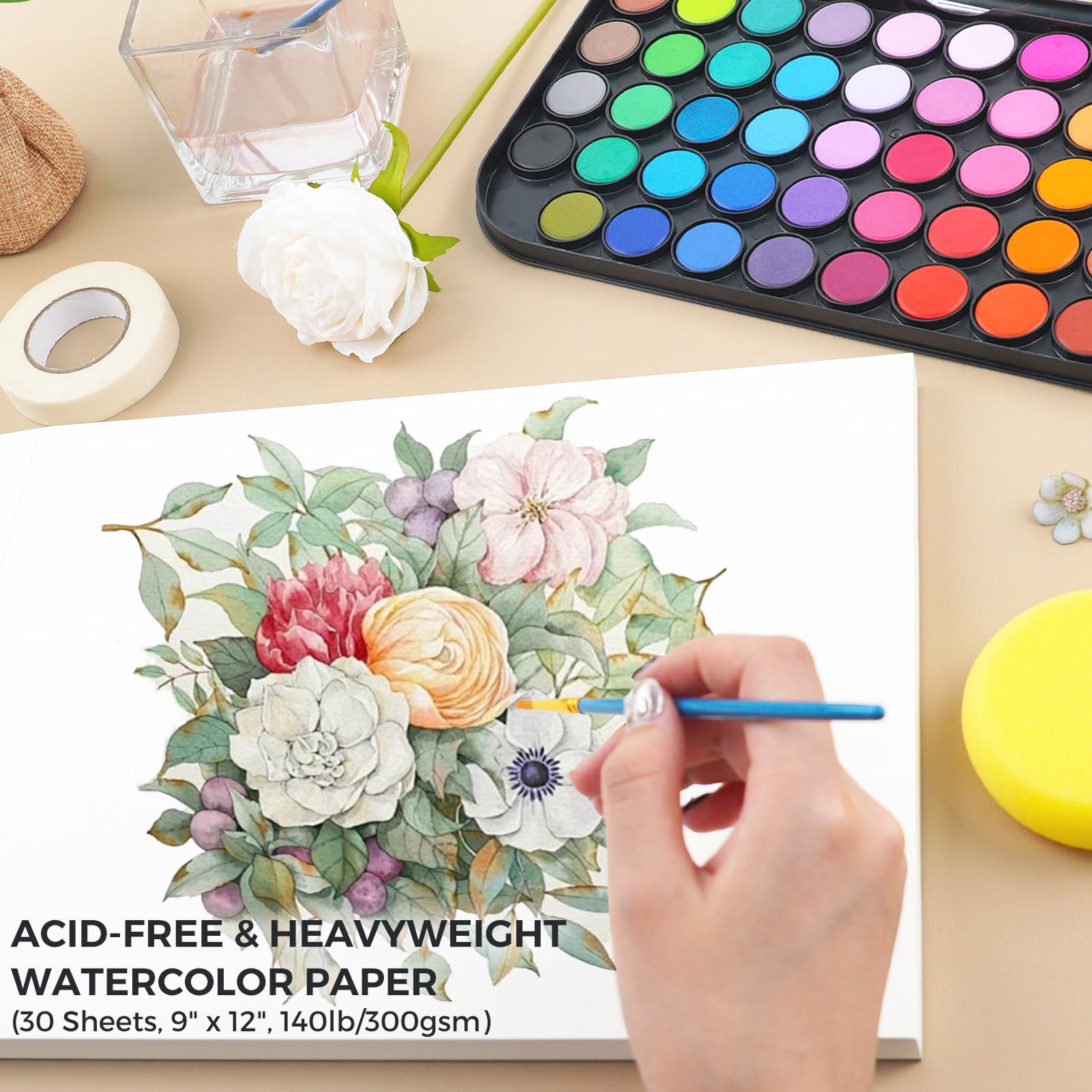 Funto Watercolor Set, 48 Color Paint Set, 10 Brushes, 30 Page Pad(9