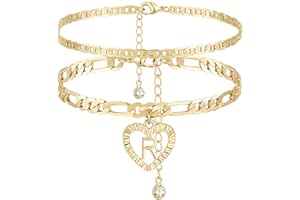 YANODA Initial Ankle Bracelets for Women 14K Gold Plated Layered Figaro Chain Letter Initial Anklets Handmade Layered Heart Ankle Bracelets Personalized Jewelry for Women