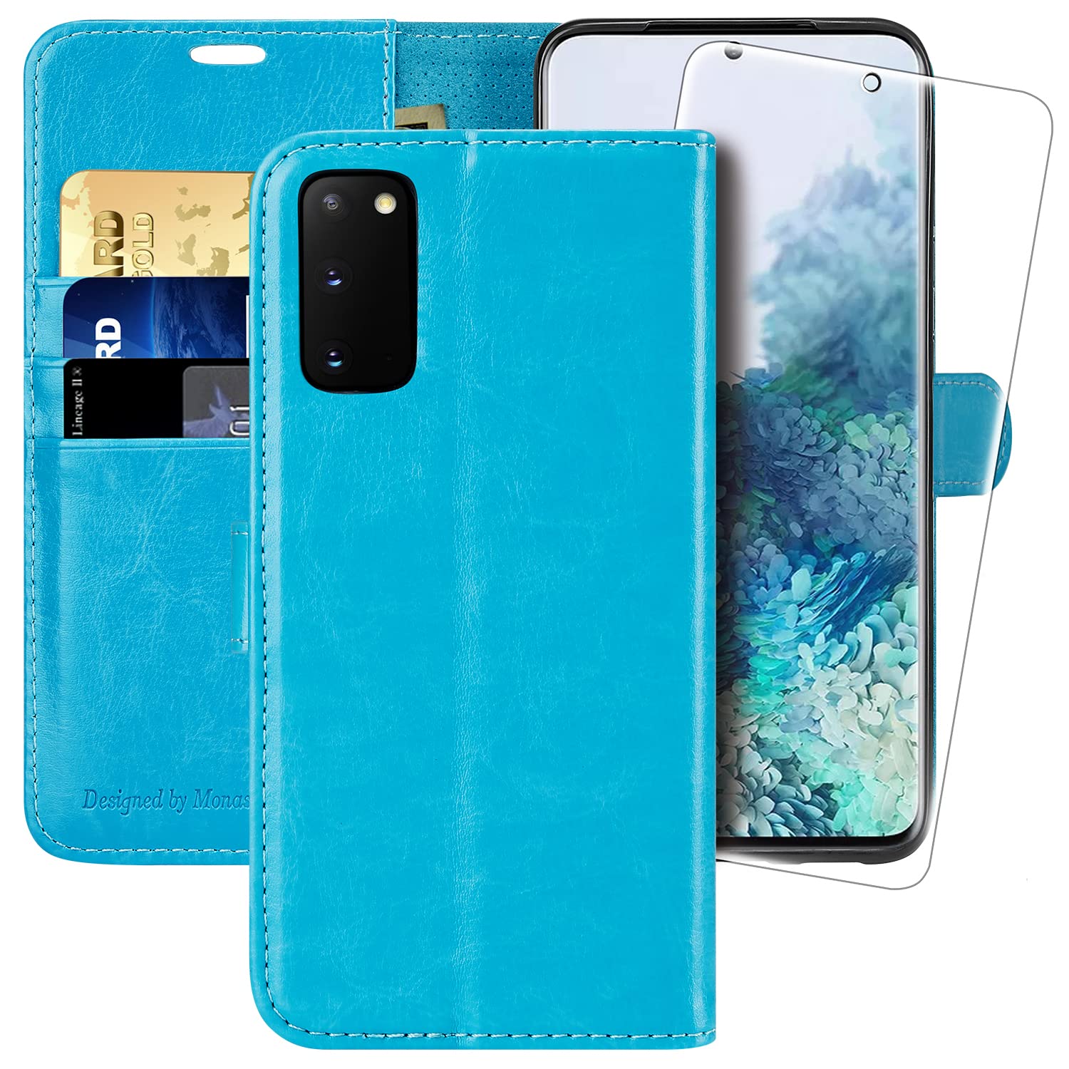 MONASAY Galaxy S20 Wallet Case, 6.2-inch, [Included Screen Protector] Flip Folio Leather Cell Phone Cover with Credit Card Holder for Samsung Galaxy S20,Light blue