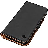 Porter Riley - Leather Case Compatible with iPhone 17 Pro. Premium Genuine Leather Stand/Cover/Wallet/Flip Case with Card Slots & Horizontal Stand (Black & Tan)