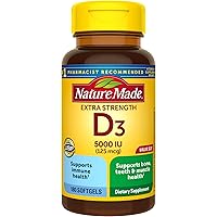 Nature Made Extra Strength Vitamin D3 5000 IU (125 mcg), Dietary Supplement for Immune Support, 180 Softgels, 180 Day…