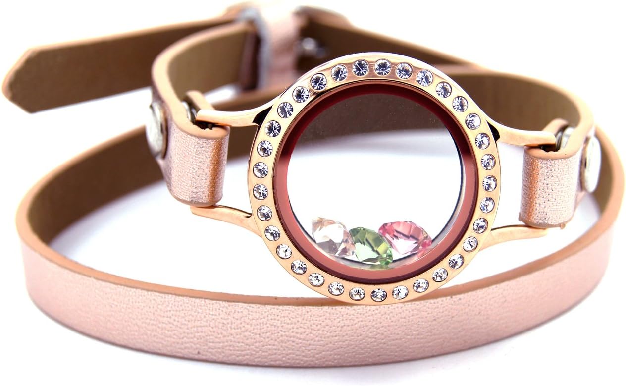 Rose Gold-tone Leather Wrap Bracelet Stainless Steel Czech Crystal Glass Locket with Crystal Floating Charms
