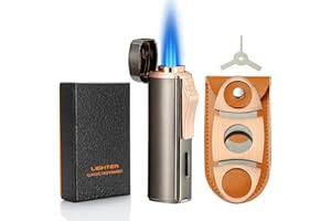 Futlidys 420 Carbon Steel 𝐂𝐮𝐭𝐭𝐞𝐫 and Lighter Set, Built-in 𝐏𝐮𝐧𝐜𝐡, Triple Jet Flame Butane Torch Lighter, Refillable Windproof Gas Lighter. Grey(Sold Without Gas)