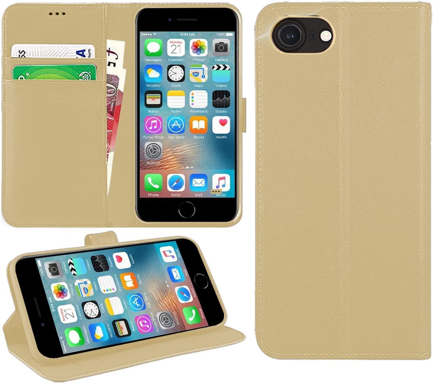 DN-Technology For iPhone SE 2022/SE 2020/8/7 Case Flip Wallet [Card Holder] [Magnetic Closure] [Kickstand] PU Leather Phone Cover 4.7 inch (GOLD)